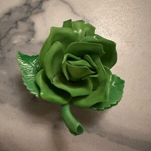 1950's Vintage 2 1/4" Lime Green 3-D Celluloid Rose w Rosebud and Leaves Brooch
